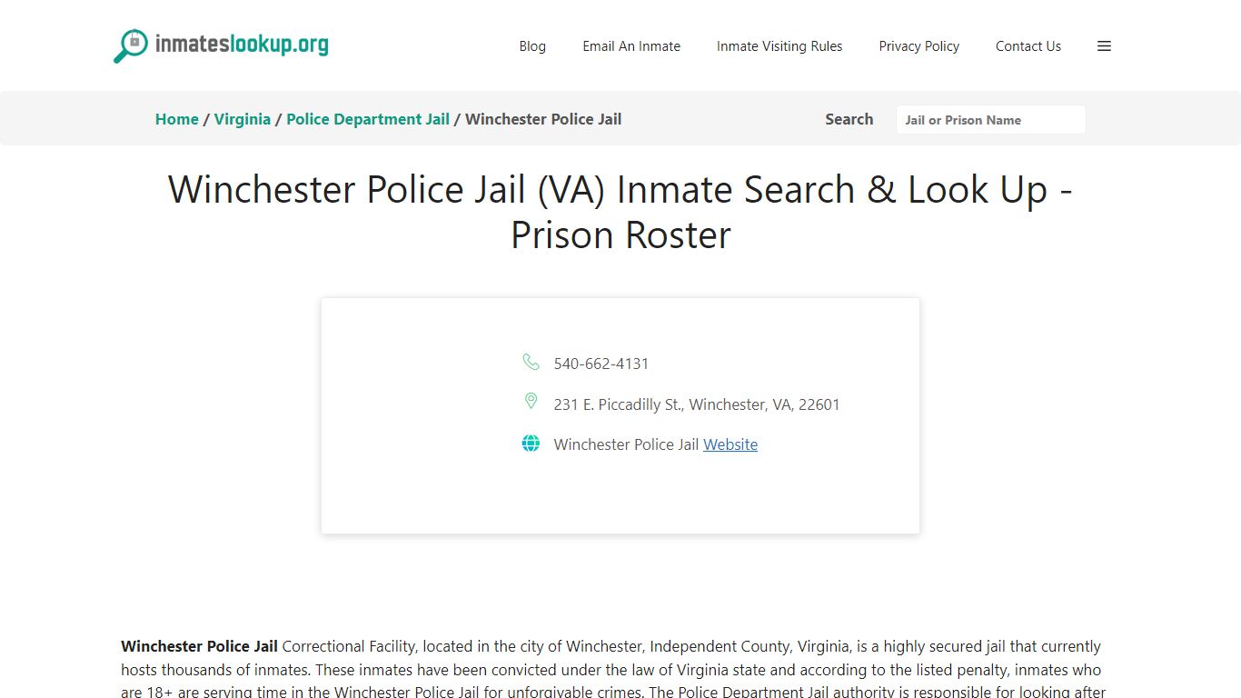 Winchester Police Jail (VA) Inmate Search & Look Up - Prison Roster