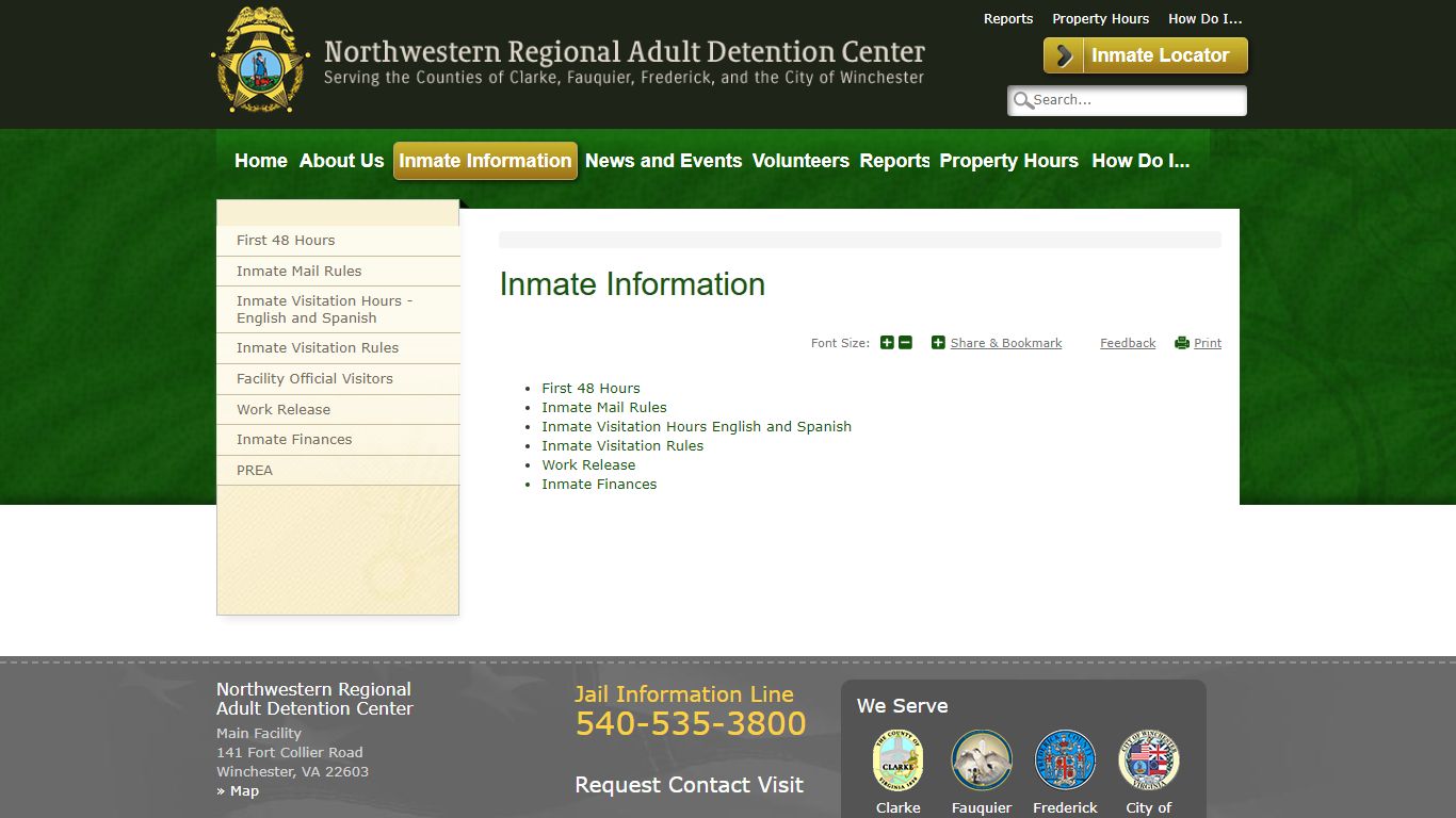 Inmate Information | Northwestern Regional Adult Detention Center